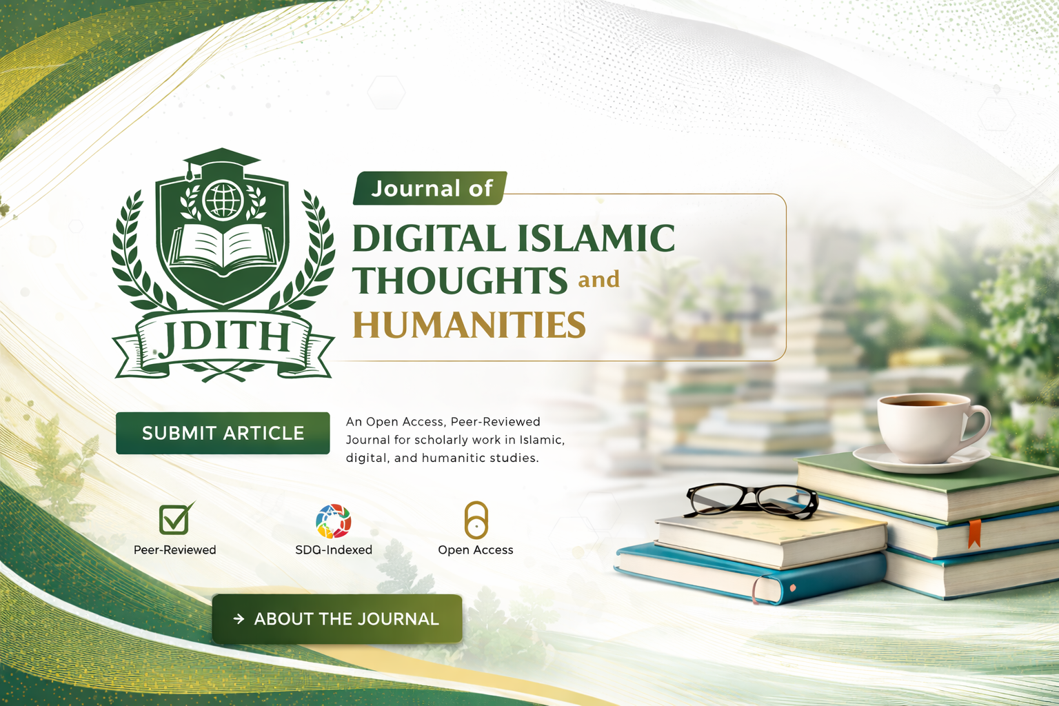 Homepage banner of Journal of Digital Islamic Thoughts and Humanities (JDITH) with official logo, journal title, and academic visual elements in green and gold theme.